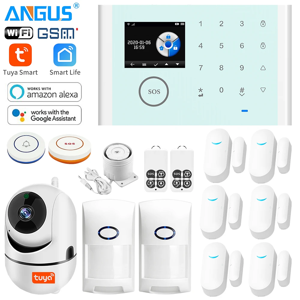 ANGUS Tuya 2.4 Inch 433Mhz WIFI GSM Home Security Alarm System Compatible with Alexa Wireless Burglar Alarm App Control Detector