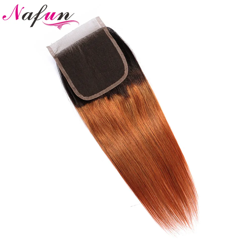 NAFUN Straight 4x4 Lace Closure #T1B/30 Indian Hair Pre-colored Non Remy Ombre Color 100% Human Extensions | Шиньоны и парики