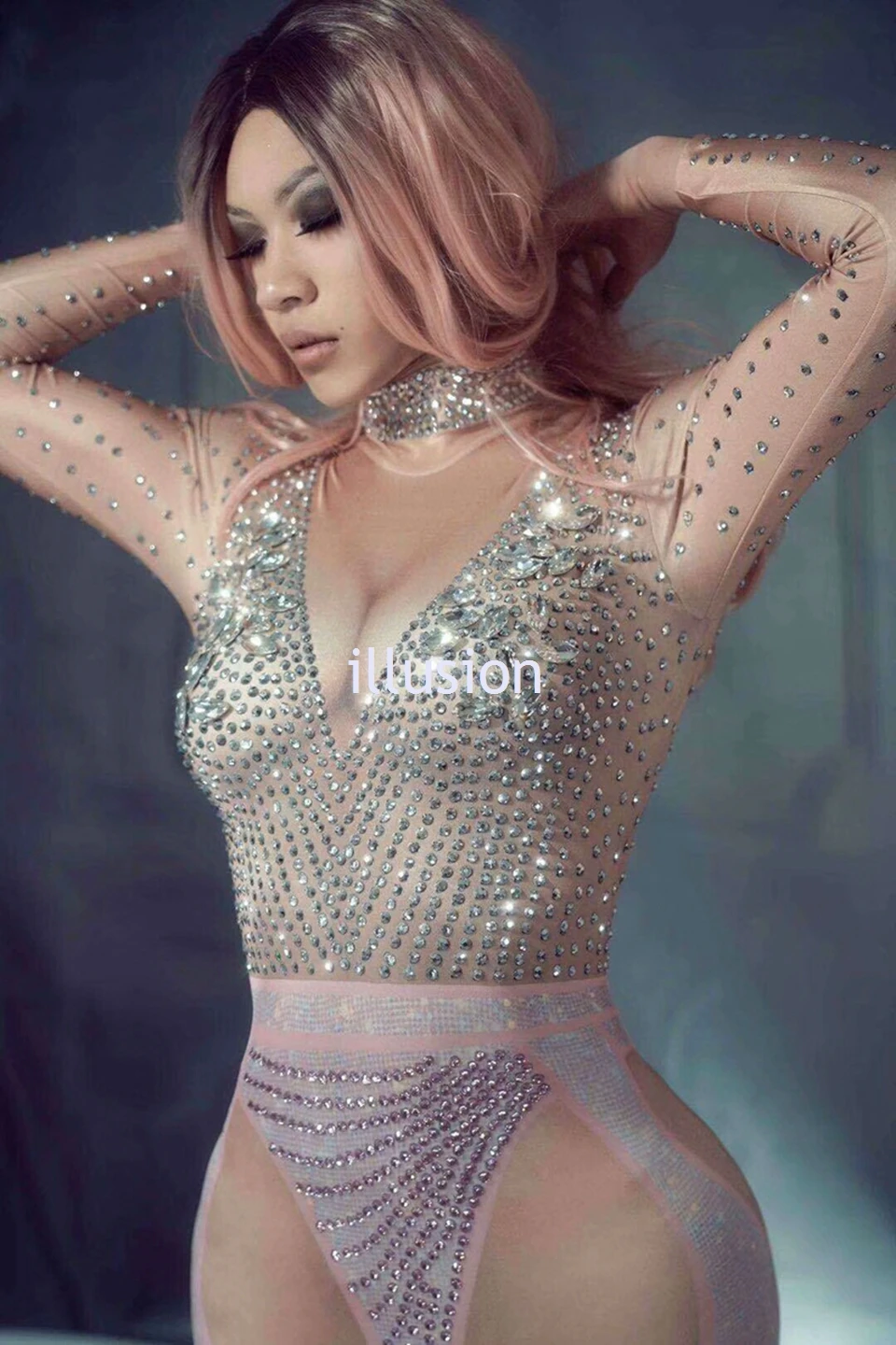 Блестящий женский комбинезон Стразы с кристаллами длинным рукавом розовые