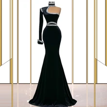 High Neck Single Sleeve Evening Dress Mermaid Black Velvet Prom Dress Cocktail Dress Robe de mariee платье женское vestidos (4)