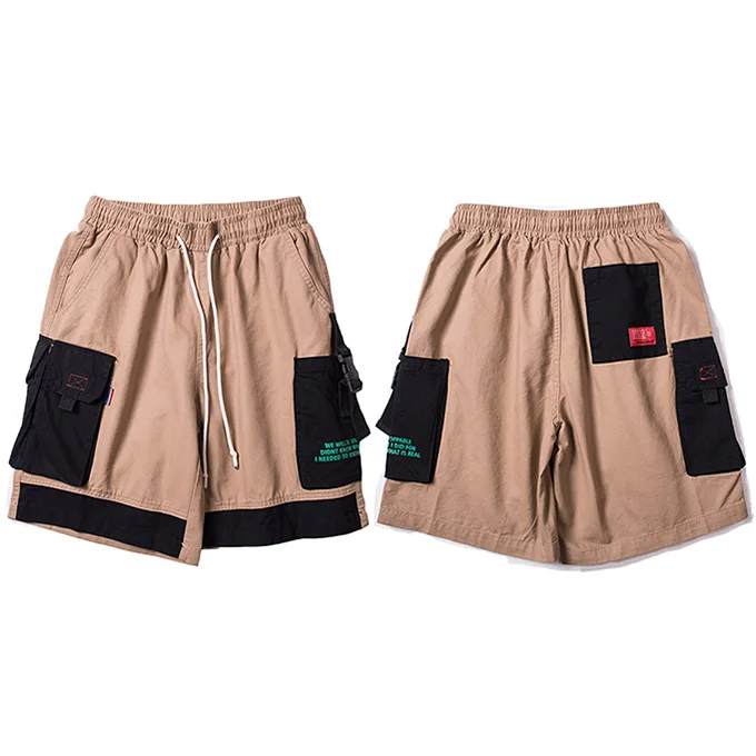 A20V009 Khaki Harajuku шорты Цвет блок Для мужчин хип хоп Брюки Карго короткие уличная Лоскутные свободные короткие карманы хлопок Повседневное бегуно - Цвет: A20V009 Khaki