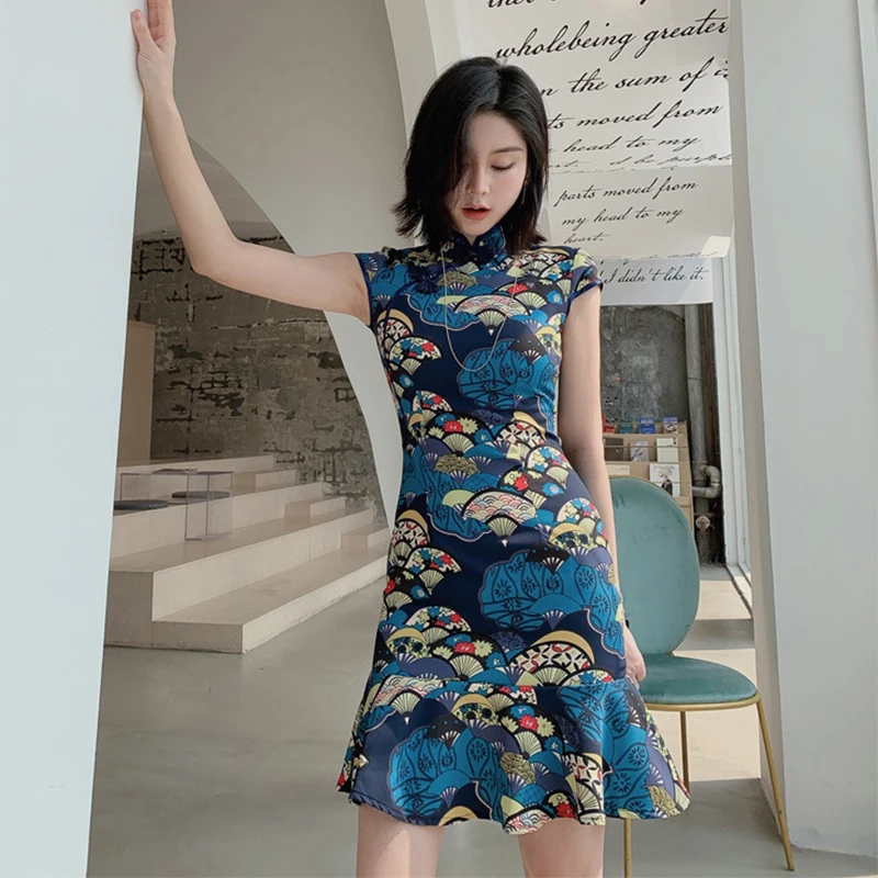 

new arrival fashion summer women OL temperament elegant chinese style acetate stand neck print holiday party mini bodycon dress