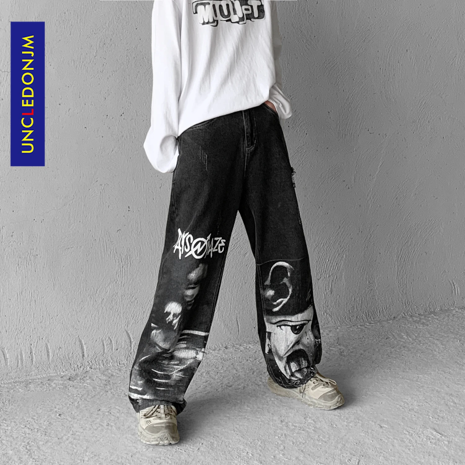 

UNCLEDONJM 2021 character print jeans streetwear women denim jeans for men hip hop pants fashion baggy jeans punk pants 2006--01