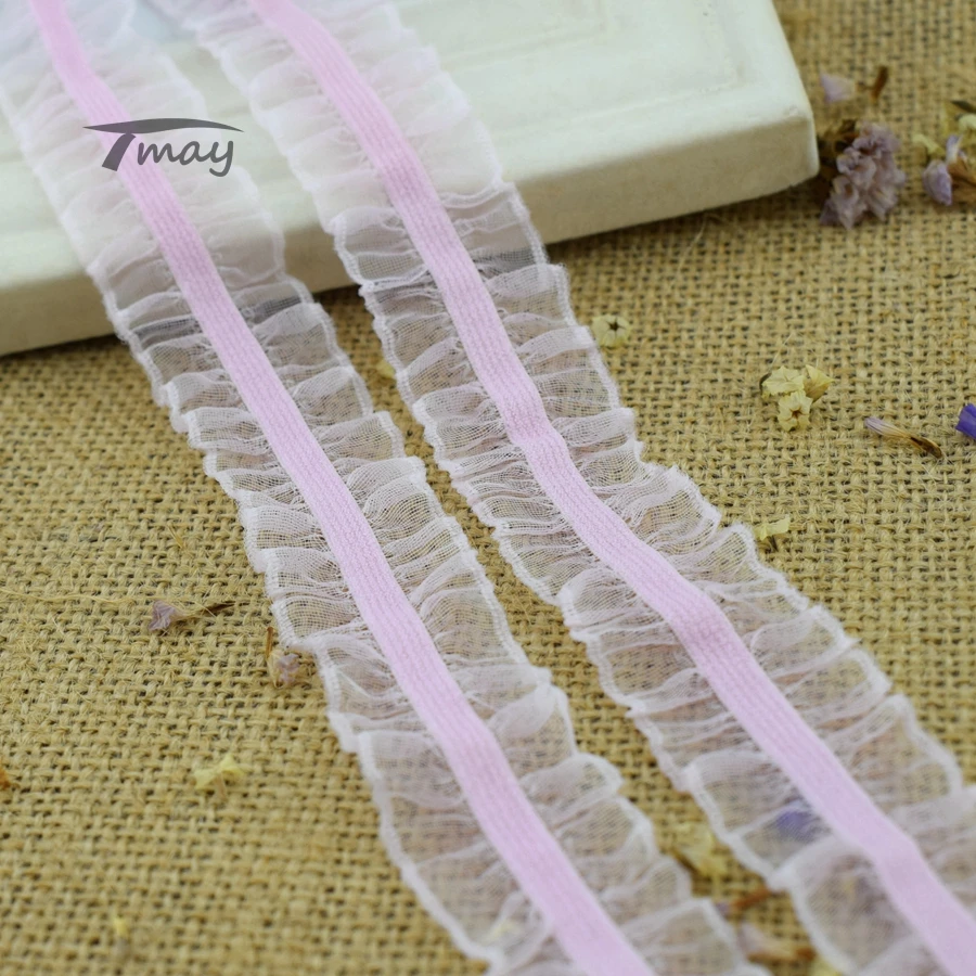 Кружевные эластичные ленты #295 из розовой органзы с оборками Ширина 25 мм (1 дюйм) 6