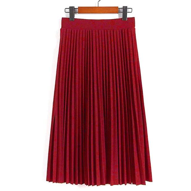 Dark Red Женская модная плиссированная Однотонная юбка до середины икры с высокой талией, универсальная шифоновая одежда, Женские повседневные эластичные плотные юбки - Цвет: Dark Red