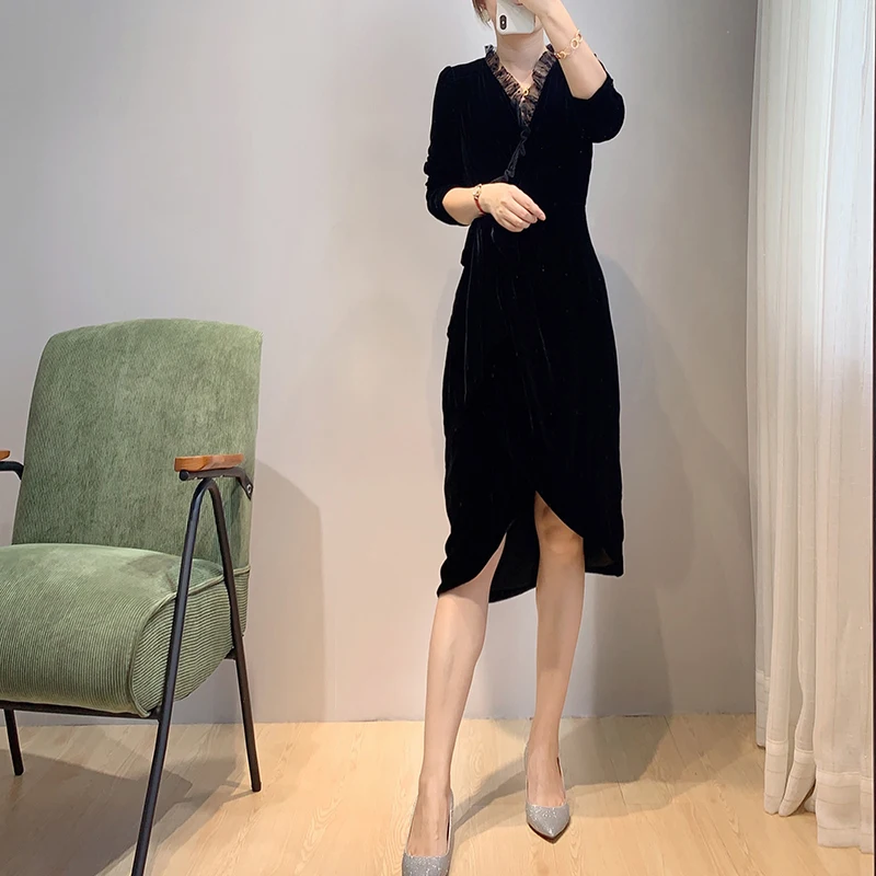 

Vintage Romantic Lace V-neck Black Silk Velvet Midi Wrap Dress UK8-UK16 Chic Elegant Fashion