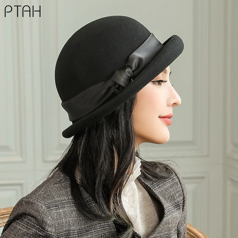 

[PTAH] Autumn 100% Wool Hats New Women's Winter Hats Vintage Church Fedoras Hats For Women Fascinator Hats Gentleman Temperament