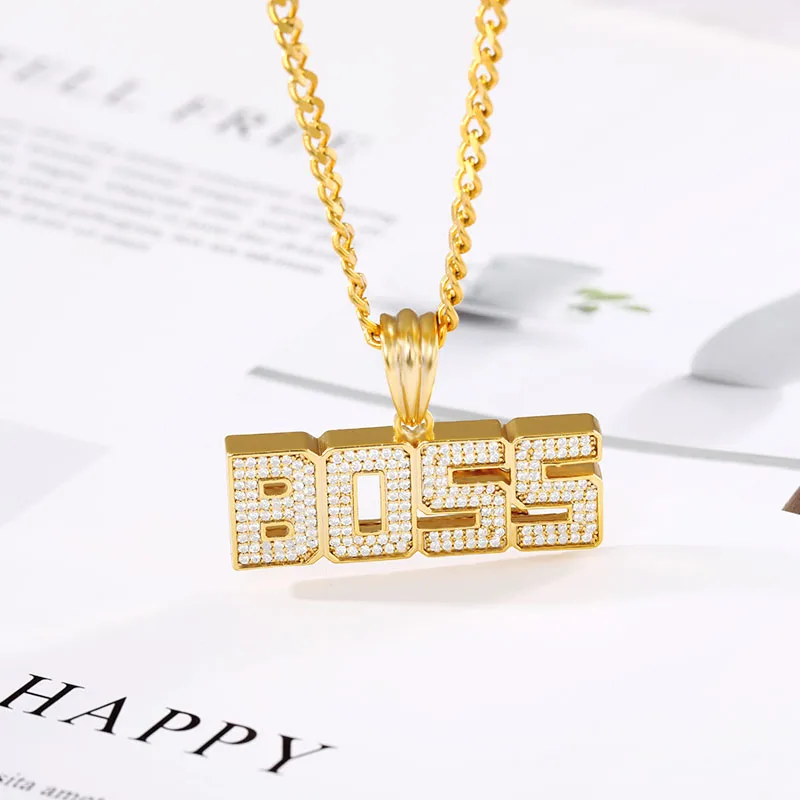Лед из ювелирных изделий с надписью BOSS подвеска ожерелье комплект Золотое цвет