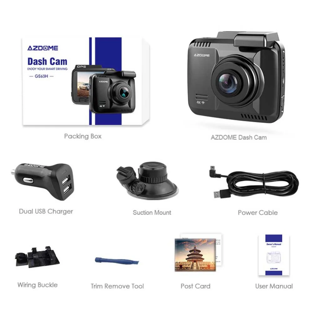 AZDOME Gs63H 4K Встроенный Gps Wifi Автомобильный видеорегистратор регистратор видеорегистратор для транспорта, с двумя объективами видеокамера видеорегистратор ночного видения