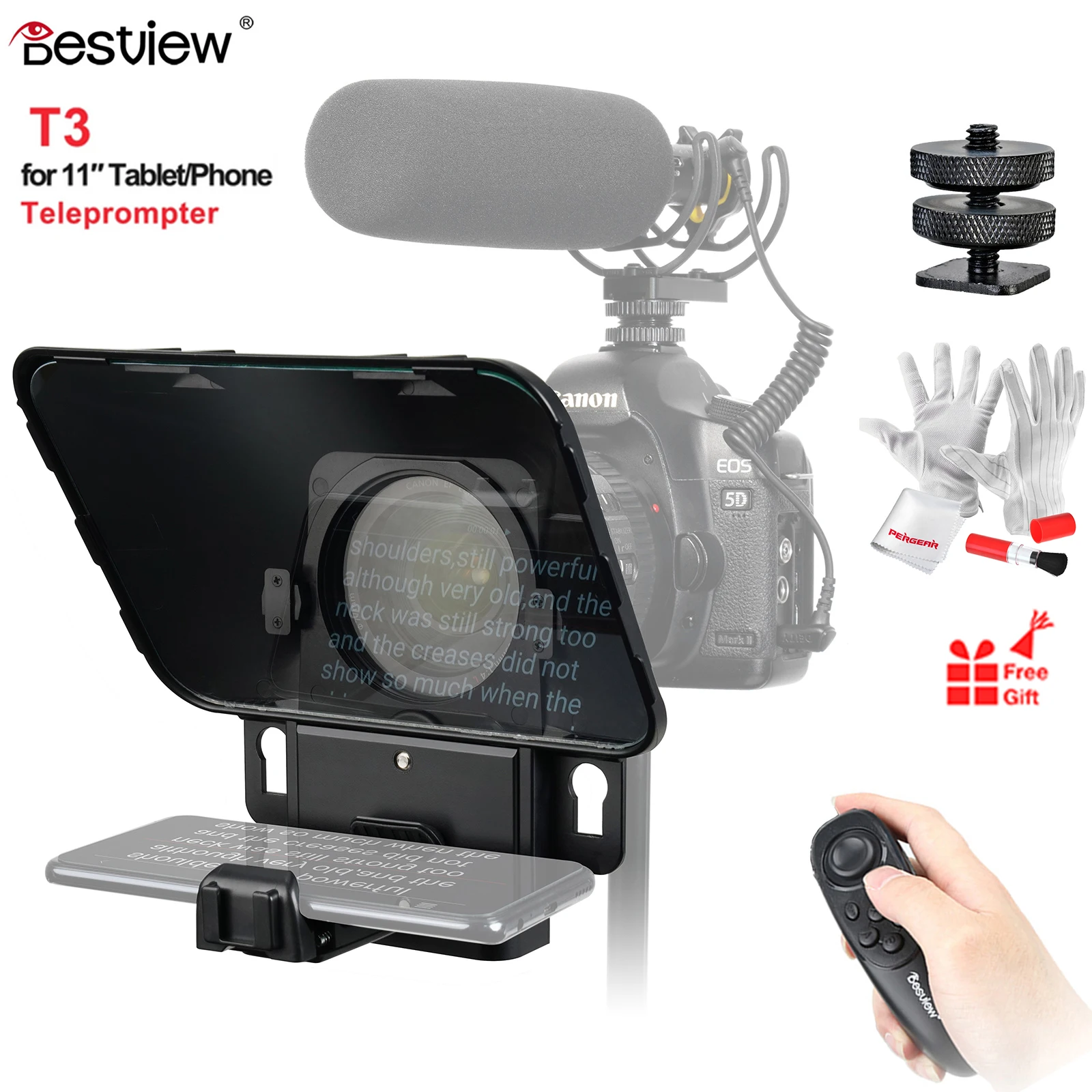 

Bestview T3 Portable Teleprompter with Remote Control for Smartphone Tablet DSLR Cameras YouTube Interview Speech Video Studio