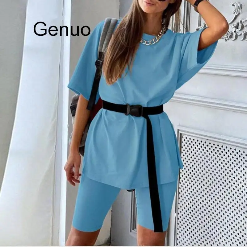 

Fashion White Khaki Sexy Women Summer O Neck Short Sleeve Shirt Tops And Bodycon Shorts Bottom Suit Two Piece Sets Outfit