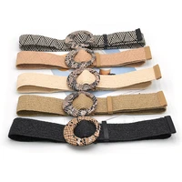 vintage bohemian wide belt summer wooden buckle wild braided belt female leopard buckle linen weave women fake straw waist belt