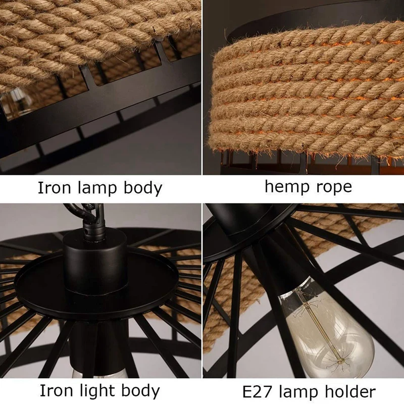 

E27 Hemp Rope Hanging Lamp Vintage Pendant Lamp Ceiling Light, Retro Antique Industrial Adjustable Lamp Chandelier Iron Candlest