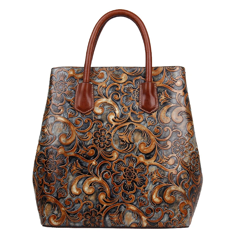 

2021 New Real Cowhide bag women genuine leather bag brands National wind embossed luxury women tote bag top leather handbag