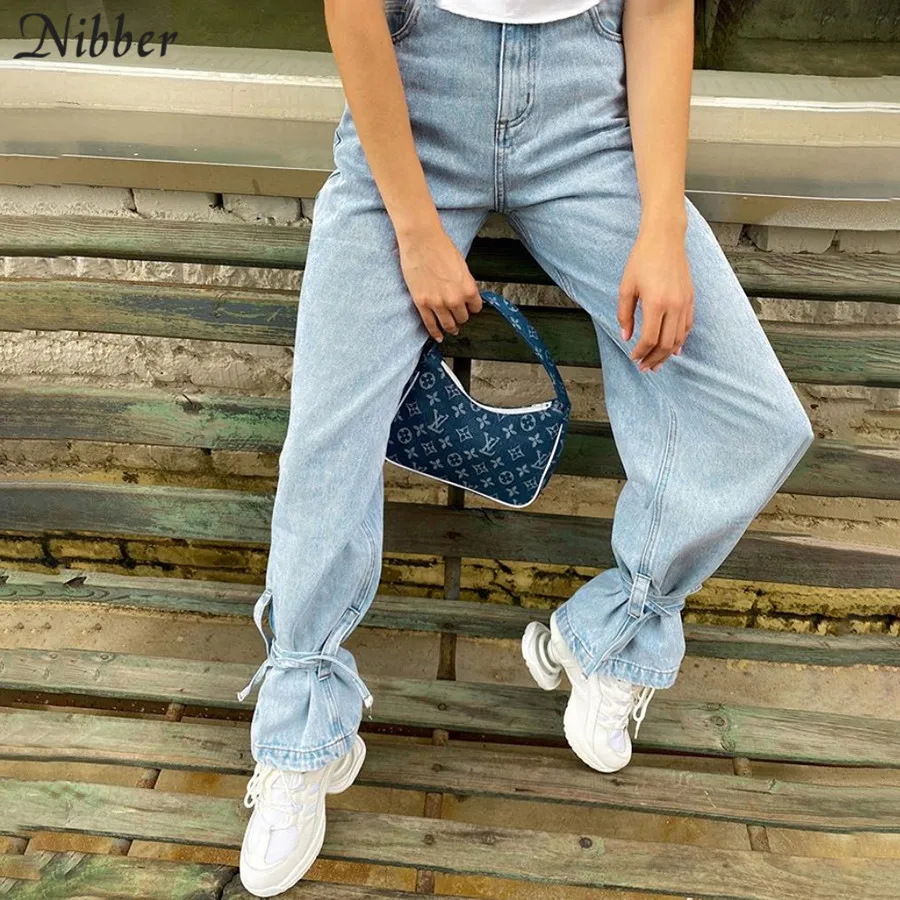

Nibber fashion High Waist Straight retro style Jeans Pants Women Hot Pure Streetwear Loose casual lace Ladies Denim Pants Basic