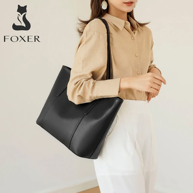 foxer new office lady premium tote bag split leather woman handbag large capacity versatile female shoulder bag top handle purse free global shipping