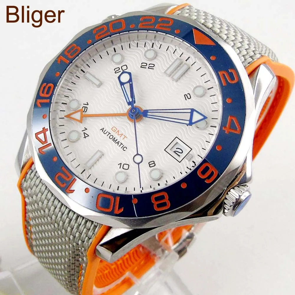 Bliger 41 мм GMT 3804 автоматические часы мужские водонепроницаемые белый циферблат
