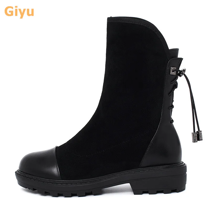 

2021 new women's autumn boots Genuine Leather Flat Martin boots Mid-Calf boot black Plus size Stretch Fabric Chelsea boots 35-43