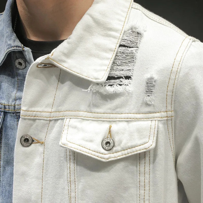 

Blue and Men's White Stitching Denim Jacket 2020 Autumn New Fashion Casual Cotton Jeans Coat Male Brand Clothes 4XL 5XL