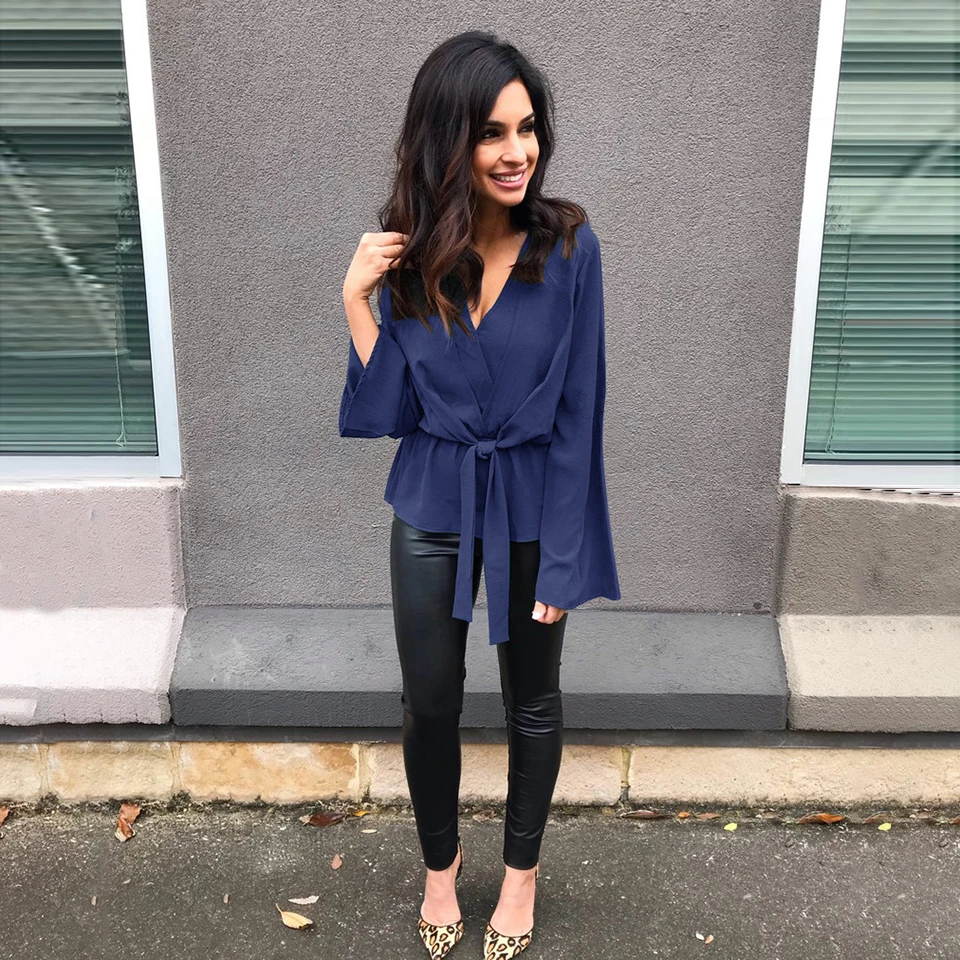 Женская Свободная шифоновая блузка с длинным рукавом и v-образным вырезом