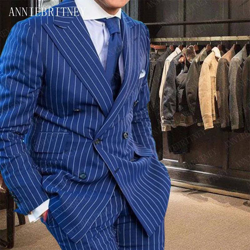 Мужской костюм в синюю полоску двубортный Блейзер облегающий смокинг из 2