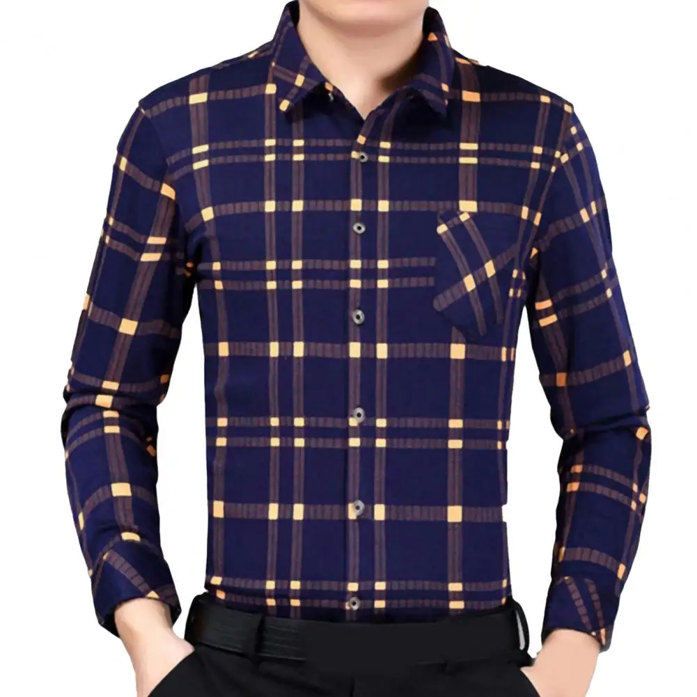 

Men Shirts Tops Autumn Long Sleeve Single-breasted Turn Down Collar Plaid Slim Shirt Top Casual Social Streetwear High Quality