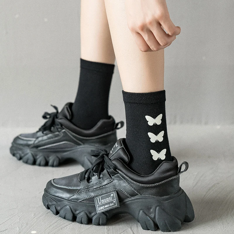 CARTELO New Solid Color Black Butterfly Pattern Women Sock Classic Fashion Cute Sport Breathable Cotton Stockings Носки женские