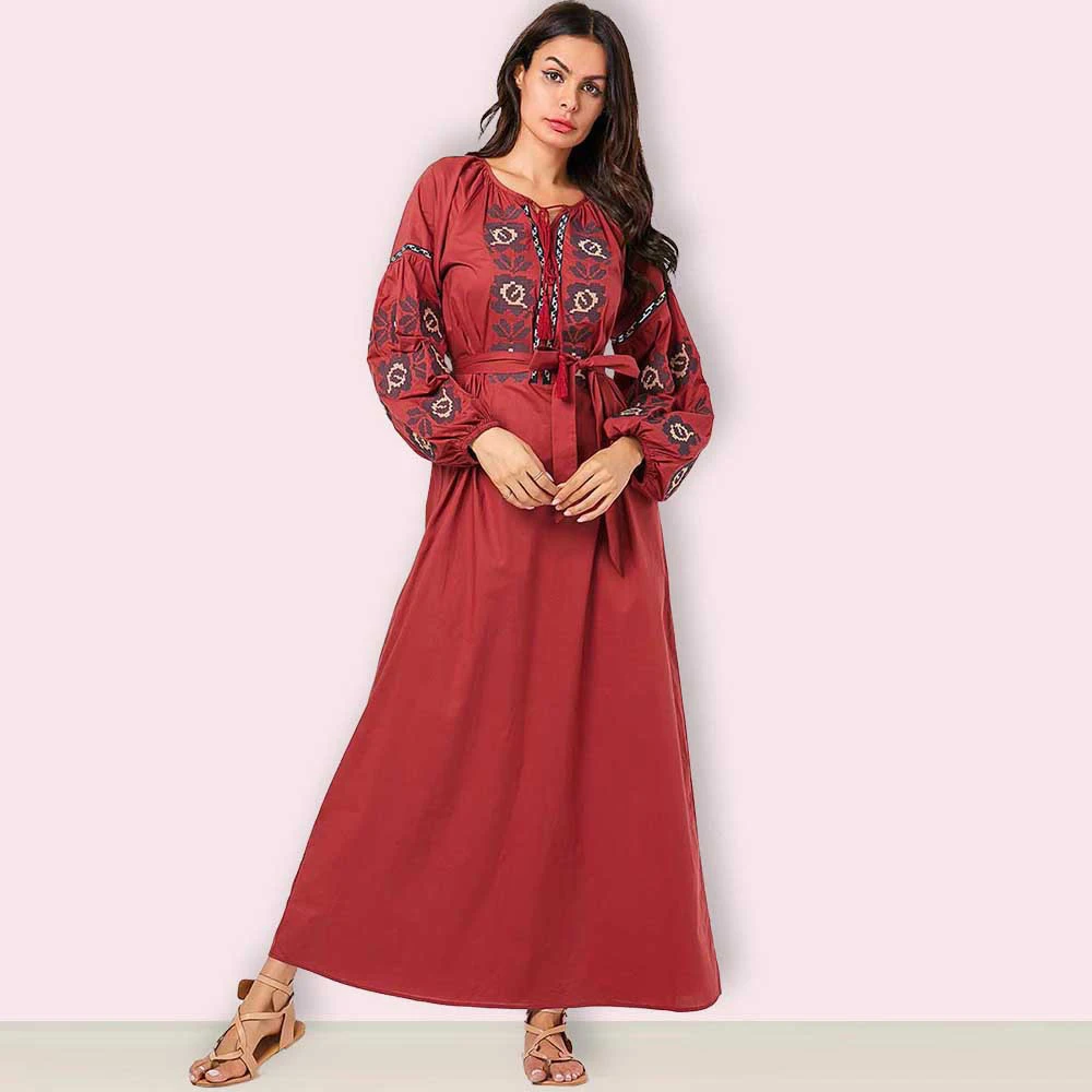 

Turkey Islamic Muslim Abaya Dress Women puff sleeve lace-up floral Hijab Dresses Kimono Jilbab Vestidos Moroccan Kaftan Robe