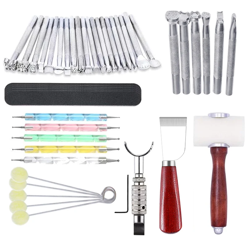 

KAOBUY 44 шт инструменты для штамповки кожи-поворотный нож, кожаный Рабочий молоток, нож для резки, шерсть, матовая полоса