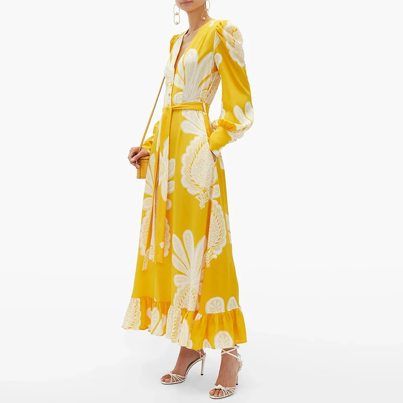 

Женское винтажное шифоновое платье, элегантное желтое Плиссированное длинное платье с цветочным принтом, V-образным вырезом, длинным рукав...