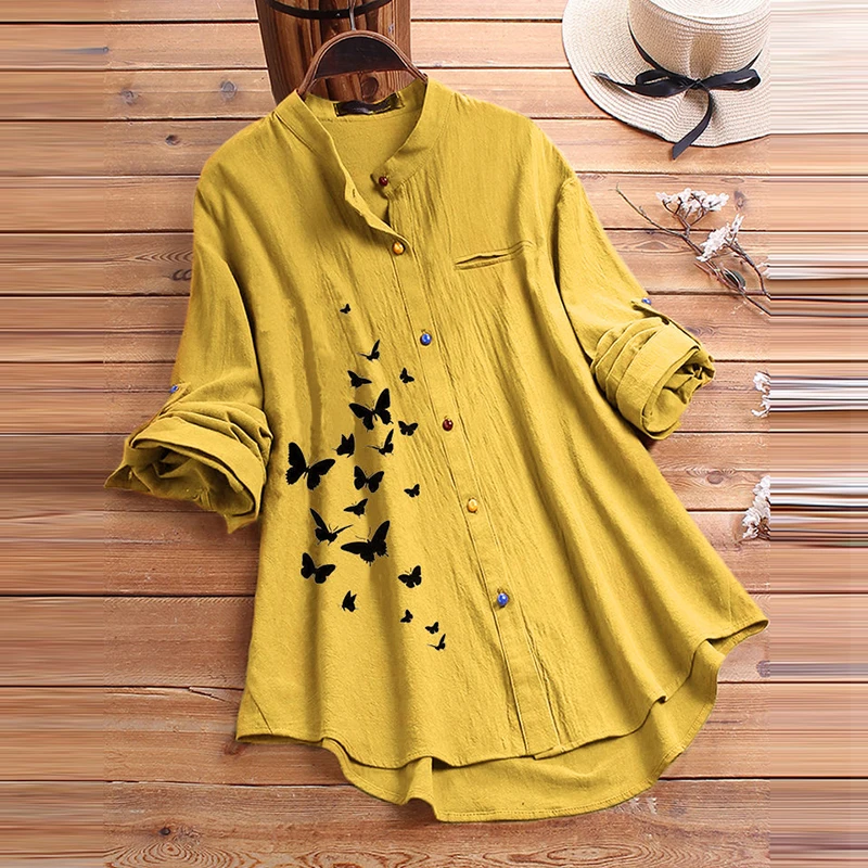 

Butterfly Print Chic Women Blouses Cotton Linen Spring Autumn Long Sleeve Single Breasted Plus Size Womens Tops And Blouses