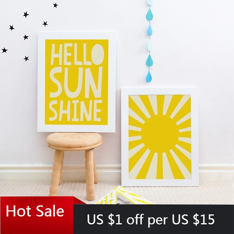 Постер для детской комнаты с принтом желтого цвета Hello Sun Shine Цитата настенная