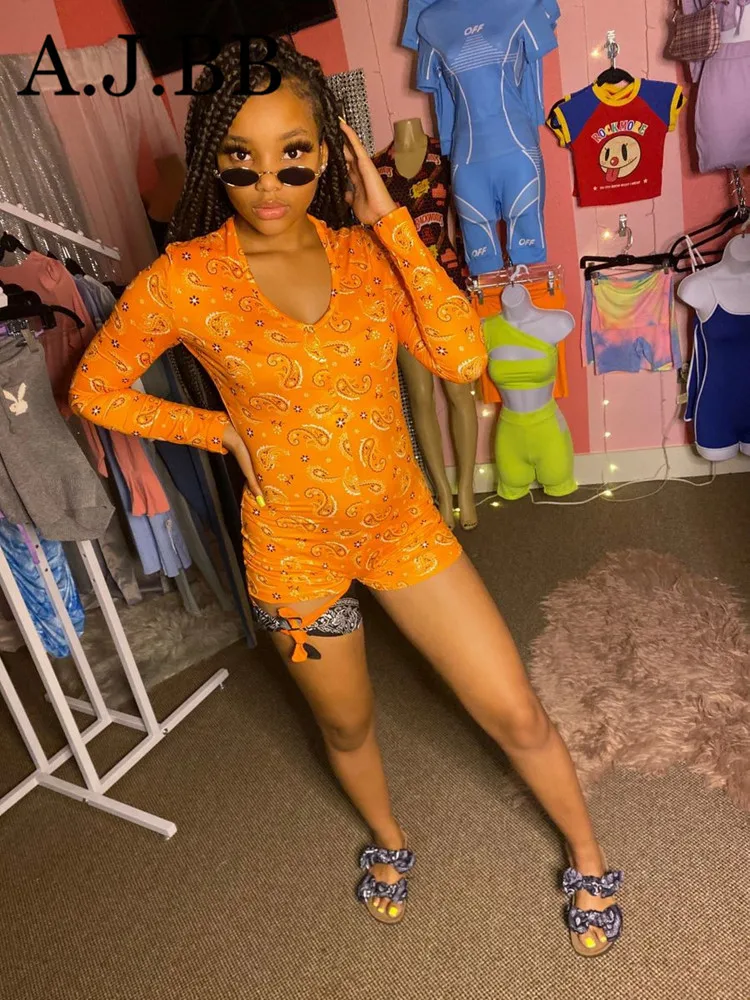 

New European solid color printed casual Jumpsuit slim V-Neck long sleeve women's T-shirt and shorts