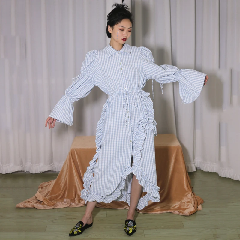 Платье с рукавами-фонариками DEAT весеннее асимметричное платье в клетку узким