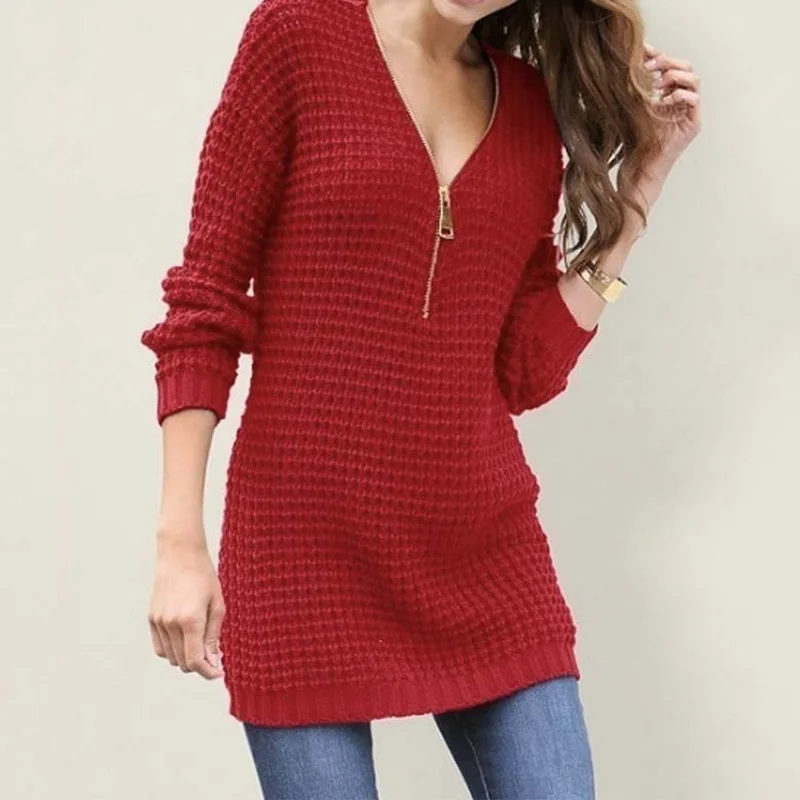 Женское трикотажное платье-свитер с v-образным вырезом длинный теплый свитер