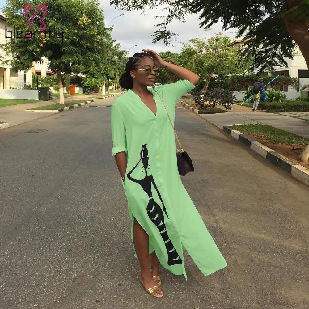 2019 женские осенние макси Блузки с принтом персонажа рубашки миди платья