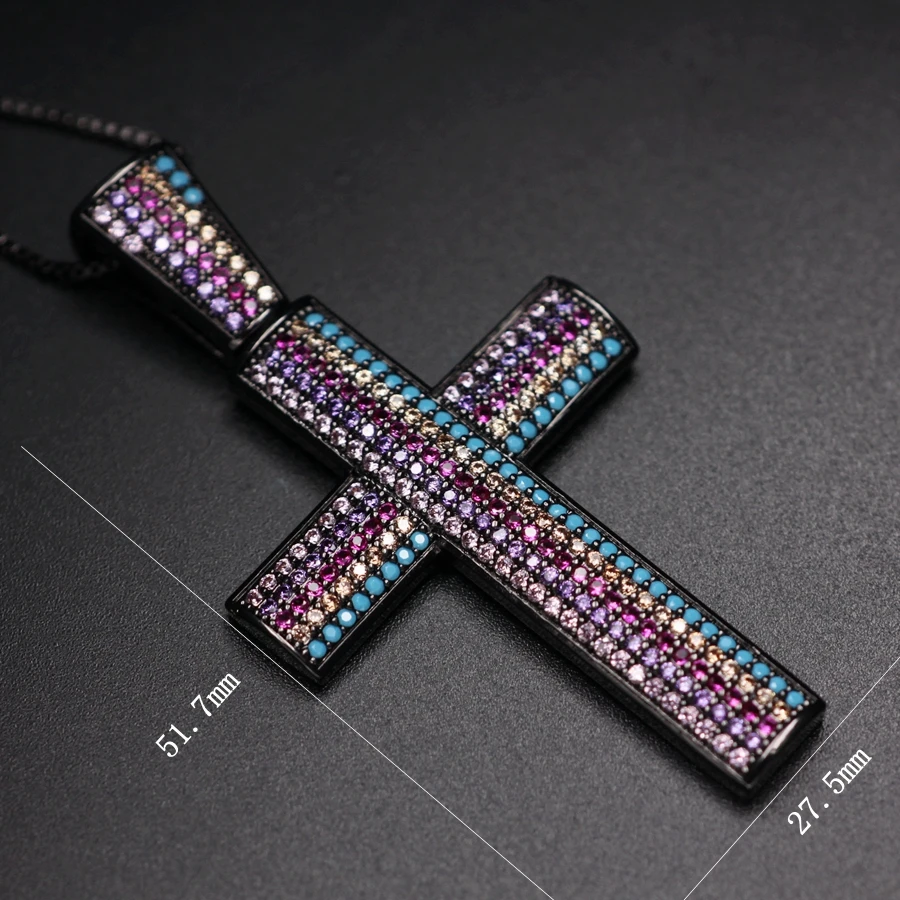 

MultiColor big Cross Pendant Necklace for women full Pave Natural blueTurquoise stone colourful Cubic Zirconia Necklace jewelry