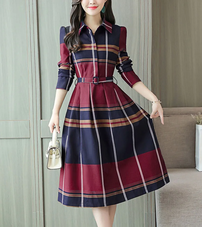 2019 осеннее платье новое корейское яркое узкое профессиональное тонкое клетчатое