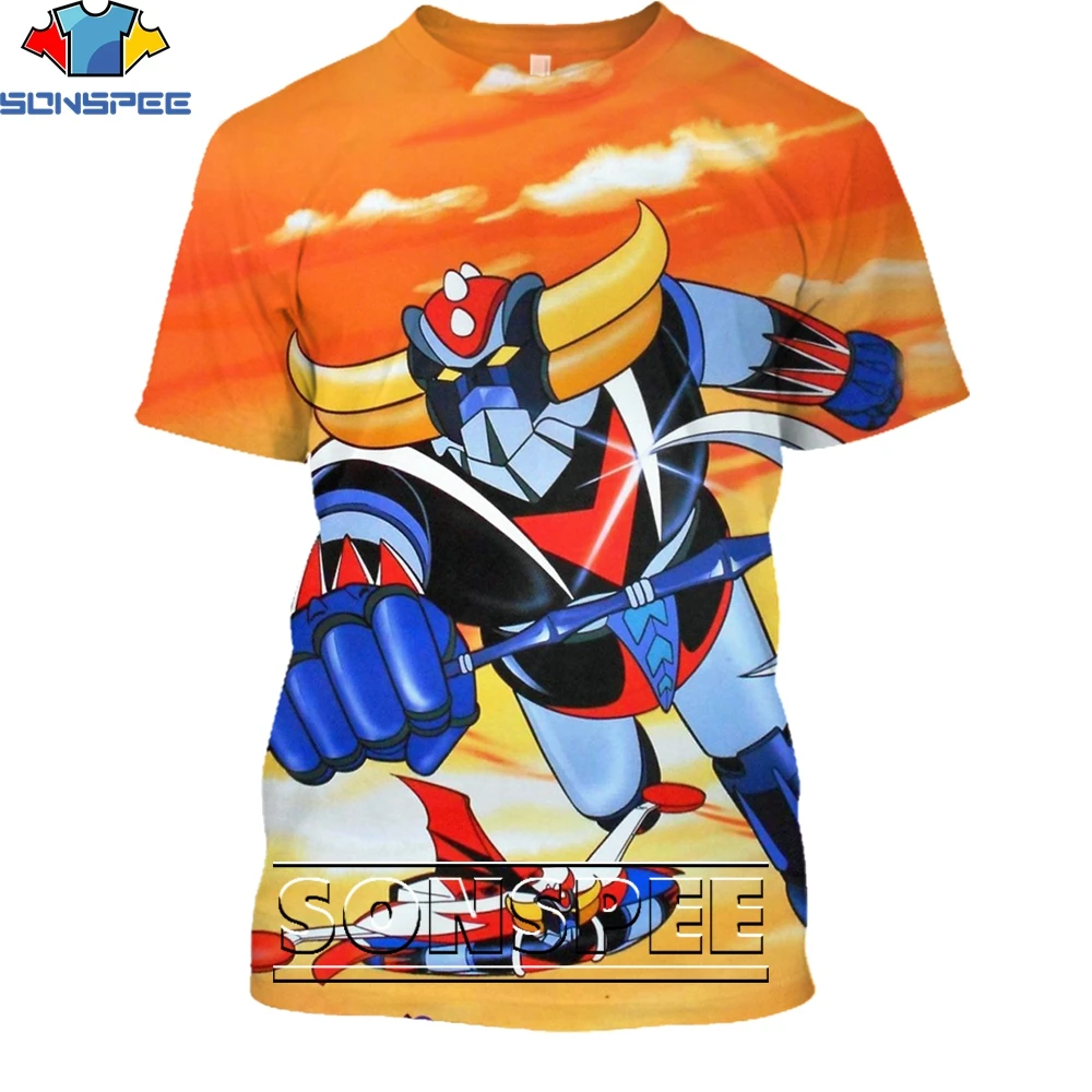 SONSPEE Vintage Anime Goldorak Shirt 3D Printing Men Women's Summer Fashion Man Nostalgia Punk Robot Oversize Tshirt Kids Top