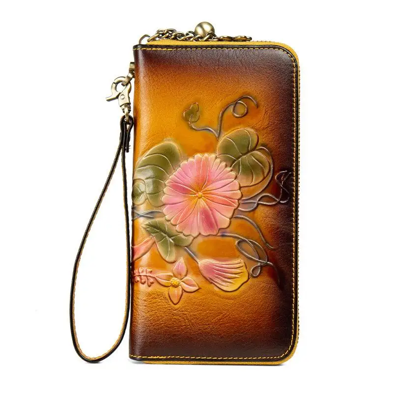 

Retro Genuine Leather Women Large Clutch Wallet 2021 New Handmade Embossed Phone Purse Long Zipper Floral Card Holder