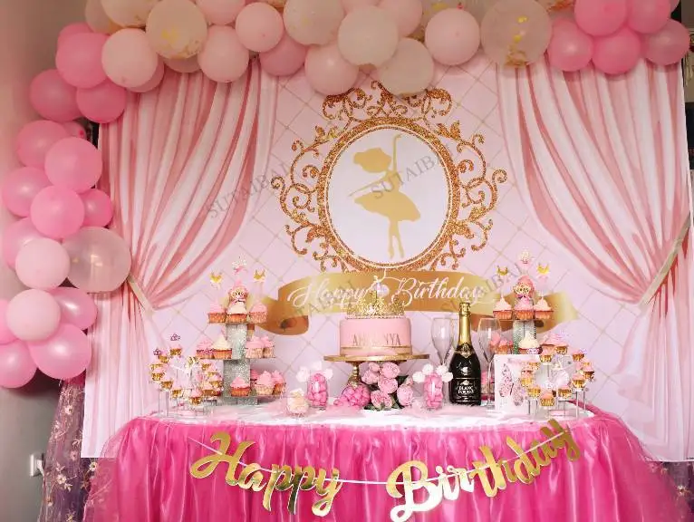 

Gold Crown Pink Curtain Princess Backdrop Girl Baby Birthday Party Banner Photography Background Backdrop Photo Studio Vinyl