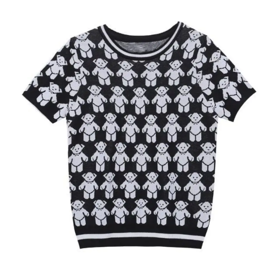 

2021 new summer bear jacquard bead round neck T-shirt for women with short sleeves and versatile top