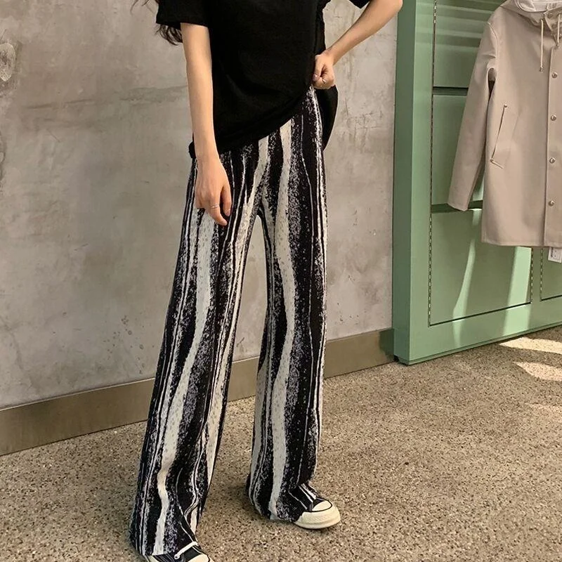 

Summer Women Printed Pleated Pants Wide Leg Loose Ankle Length Elastic Waist Casual Streetwear Trousers Spring Autumn Multi-size