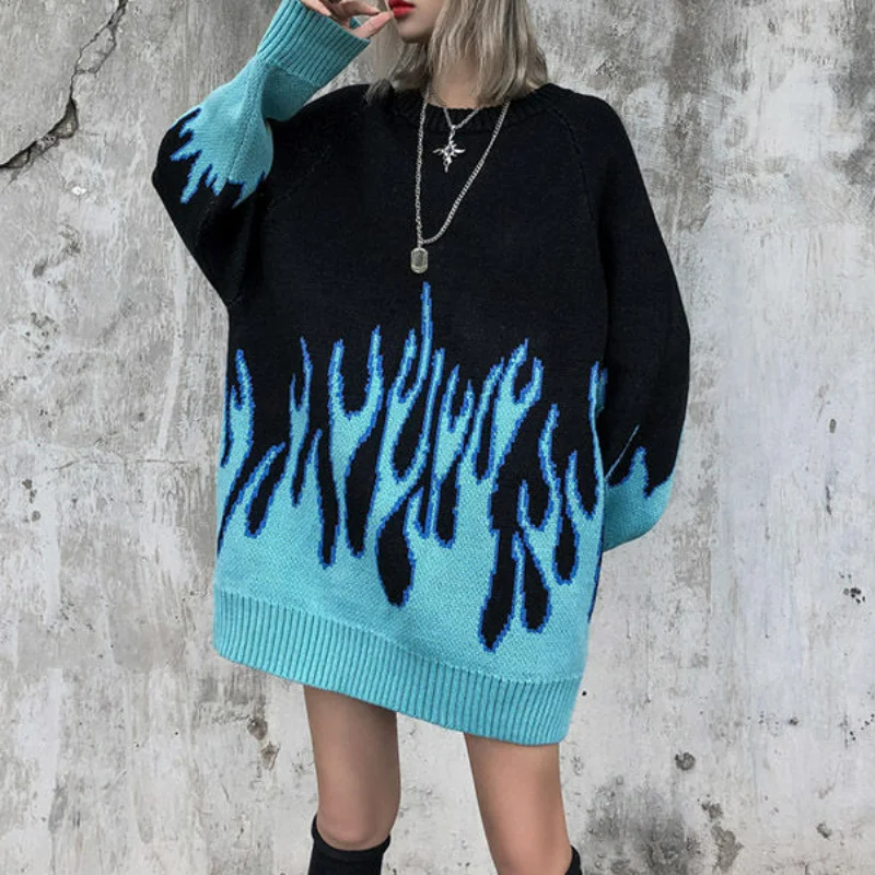 

Women Knitted Oversized Sweaters Female Hip-hop Style Flame Jacquard Sweater Couple Pullover Knit Top Loose Men's Jumper