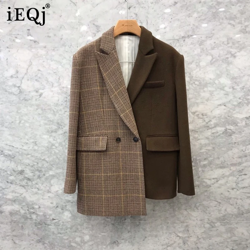 

IEQJ Women Korean Style Loose Irregular Plaid Stitching Woolen Blazer New Lapel Long Sleeve Loose Fashion Autumn 2021 3F1493