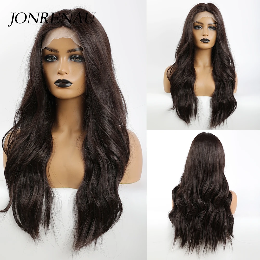 

JONRENAU Dark Brown Long Silky Natural Wave Hair Synthetic Lace Front Wigs for Women Afro Middle Part Cosplay Wigs