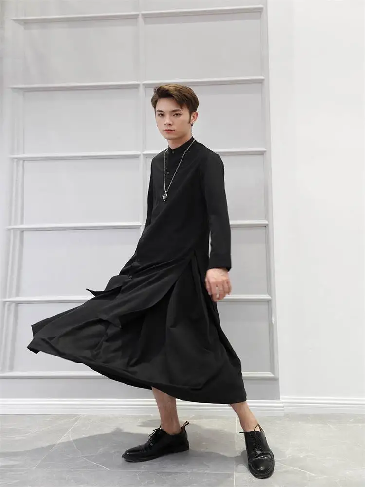 Men's Long-Sleeve Shirt Spring And Autumn New Standing Collar Slender Long Korean Fashion Casual Large Size Shirt