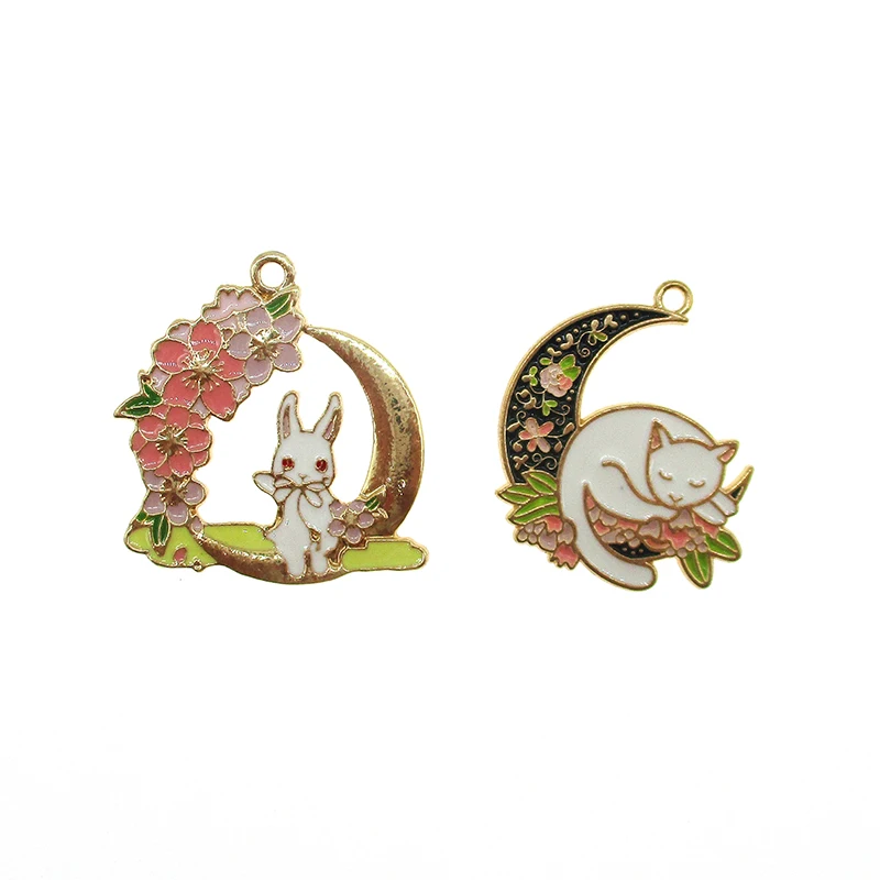 5 шт. эмалированная подвеска в виде Луны кошки кролика для изготовления ювелирных