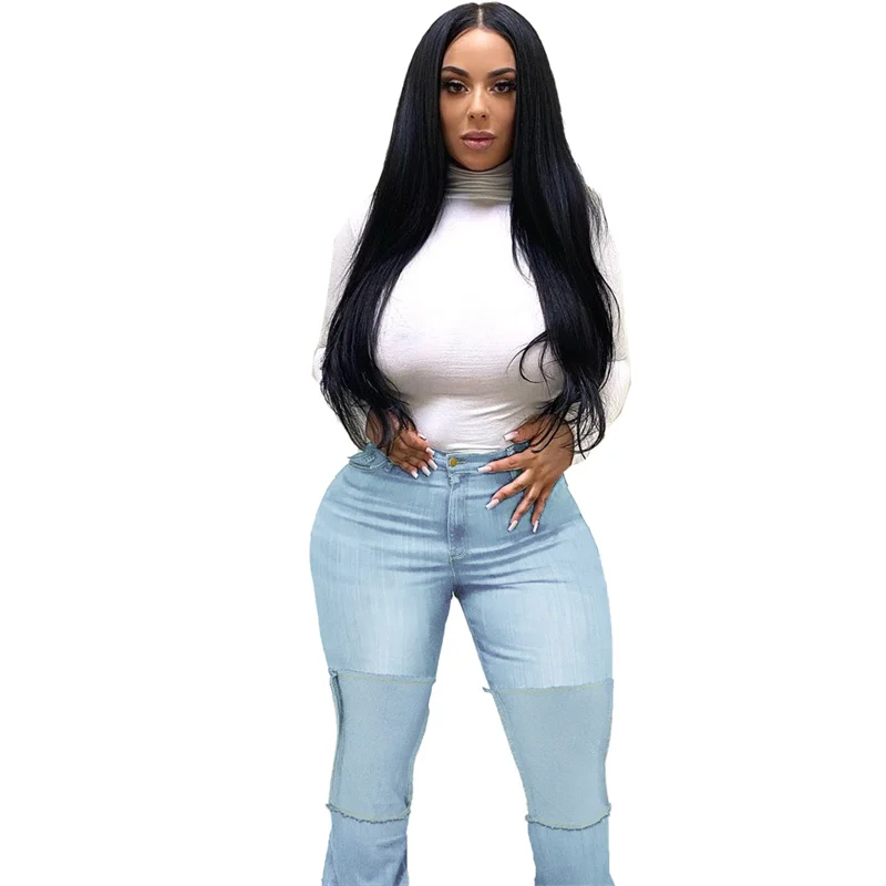 2022 Fashion Cool Women's High Waist Skinny Bell Bottom Ladies New Dark Blue Stitching Flare Denim Jeans Girls Wide Leg Trousers