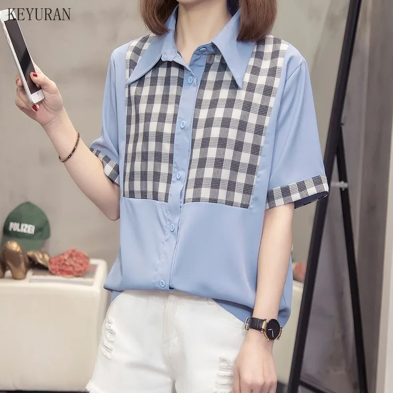 Размера плюс женские рубашки блузы модные 2021 летние кнопки с коротким рукавом в